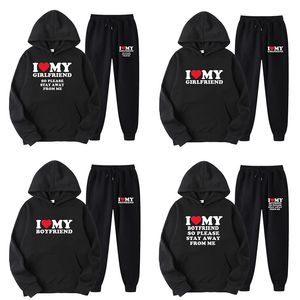 Couple Sets I Love My Boyfriend Print Men Hoodies Sweatpants 2PCS Suits Women Tracksuit Sweatshirts and Joggers Lover Sets 240108