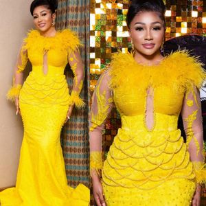 Feathered Yellow Prom Dresses Long Sleeves Lace Beading Tassel Pearls Mermaid Formal Evening Occasion Gowns For African Women Birthday Party Dress Gala Gowns NL415