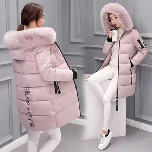 여자 트렌치 코트 2024 겨울 재킷 여성 다운 파파 모피 칼라 두꺼운 슬림 패션 후드 면화 외곽 롱 여성 코트