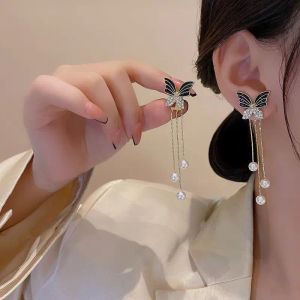 2024 New Trend Unique Design Elegant Delicate Light Luxury Black Butterfly 14k Yellow Gold Earrings Women Fashion Jewelry Party Premium Gifts