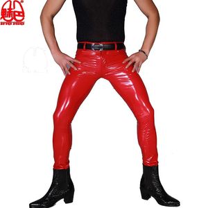 Hosen Mans Sexy PVC Glänzende Bleistift Hosen Kunstleder Punk Enge Elastische Reißverschluss Moto Hosen Nachtclub Homosexuell Plus Größe Latex bühne Outfit