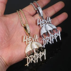 Nuovo Designer 4eva Drippy Lettera Ombrello US Dollar Sign Collana con ciondolo con ciondolo con catena in corda Hip Hop Donna Uomo Completa pavimentata 5A Cubic Zirconia Boss Uomo Gioielli regalo