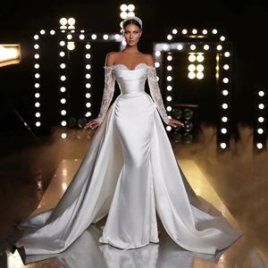 Sexy Satin Off Shoulder Wedding Dress With Detachable Train Sweetheart Long Sleeves Lace Mermiad Women Bridal Formal Gowns Vestidos De Novia