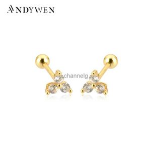 Stud Andywen 925 Sterling Silver Clear Three Cyrcon Charm Srud Farring Kobiety Fashion Fine Jewelry Clips Puchanie Kulki Luxury Rainbow YQ240108