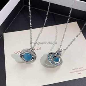 Designers jewels Vivienne High version UFO Blue Crystal Glass Ball Saturn Necklace Western Empress Dowager 3D Blue Earth Planet Necklace Female