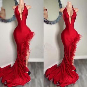 Sexy Red Red Mermaid Sukienki dla kobiet głębokie rękawie w szyku V High Side Split Długość sukienki wieczorowej gwiazdy sukienki imprezowe vestidos