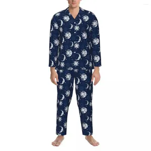 Herren-Nachtwäsche, Pyjama, Mann, Sonne, Mond, Raum, Sterne, Aufdruck, 2-teilig, ästhetische Pyjama-Sets, langärmelig, bequem, Übergröße, Heimanzug