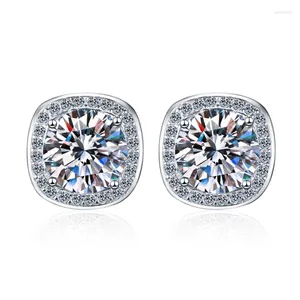 Stud Earrings S925 Pure Silver Ear Studs Classic Micro Inlaid Princess Square Bag With Moissant Diamond One Carat