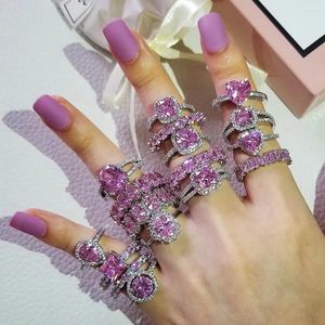 Cluster Rings 2024 Cute Fashion Promise Ring S925 Sterling Silver Heart Shape Pink Zircon For Women Girl Party Gift Finger