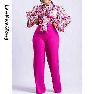 LKF 2 Piece Women's Flower Print Top Shirt Pants Suit Sexy Casual Elegant Clothing Lace-up Wide-leg Pants 240106