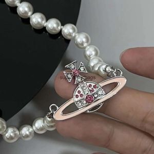 Kaiserin Witwe Vivienne Pink Lackierter Saturn Perlen Halskette Juwely Frauen Englische Stile Prinzessin Collarbone Halskette