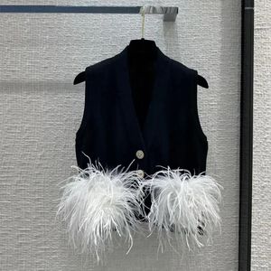 Kvinnors tröjor Autumn Fashion Real Feathers Decoration V-Neck ärmlös Knit Tank Cardigan Women Single Breasted Slim Short Vest Sweater