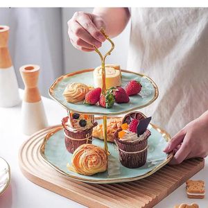 Tablice w stylu europejskim lekka luksusowa ceramiczna podwójna warstwowa talerz owocowy salon dom Złote boczne ciasto popołudniowy stół deserowy herbatę