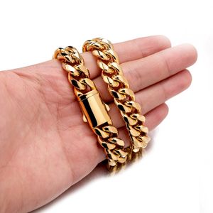 6mm-14mm Hip Hop Stainless Steel Gold Miami Cuban Link Chain Necklace Smooth Gold Plated Accessories Jewelry Set