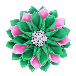 Pretty Social Women Group Pink Green Ribbion Flower Soror Pin Brooch Jewelry Custom 240106