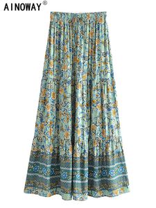 kjol vintage chic mode kvinnor strand bohemisk blommig tryck hippie kjol hög elastisk midja gotisk aline boho maxi kjol