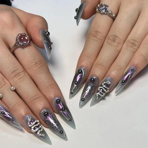 False Nails Dark Punk 24Pcs Press On Y2k Snake Butterfly Pattern Design Fake Nail Super Long Pointed Art Reusable Tip