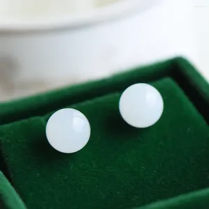 Studörhängen S925 Sterling Silver White Jade Ball Kvinnor Fina smycken äkta Hetian Nephrite Certified Jades Round Bead Earring