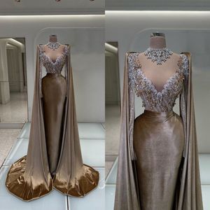 Velvet Mermaid Evening Gowns Crystal Beading Sheer Neck Long Sleeve Birthday Dress Girls Sequins Appliques Prom Dress