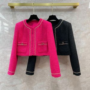 Women's Jackets French Celebrity Patchwork Leather Edge Chain Tweed Jacket Rose Red Short Top