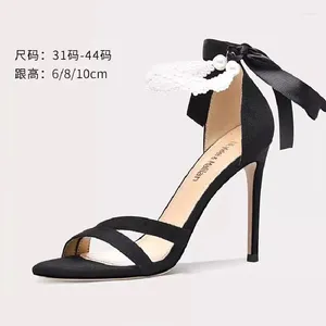 Sandals Summer Round Toe Open One Piece Suede Bow Pearl Thin High Heels Banquet Dress Large And Small Women's Shoes