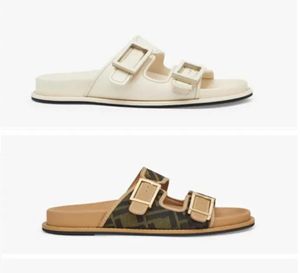 latest popular double band flat sandals decorative buckle decorated with patterned jacquard fabric light brown leather edge with box size 35-45