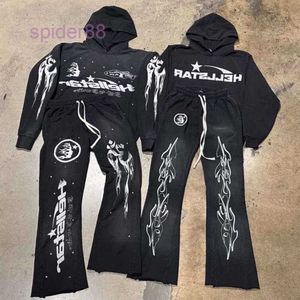 Rock Hip Hop Street Hellstar Hoodies Set Washed Flame Letter Print Hooded Pullover Män Kvinnor Överdimensionerade helvetestjärna Sweatshirts T Down1996 L O E 6WAS