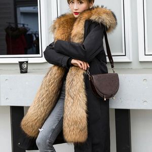 Fur Detachable Hooded Parka Jacket Women Luxury Long Natural Raccoon Fur Collar Muskrats Fur Lining Coat