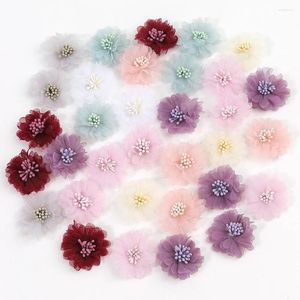 Fiori decorativi 10 pezzi 4 cm filati di testa in chiffon fiori di rosa artificiali abiti abbigliamento fermagli per capelli per bambini accessori