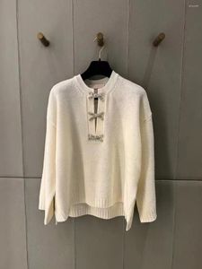 Women's Sweaters 2024 Autumn/Winter Pure White V-Neck Tie Diamond Bow Cashmere Long Sleeved Woman Sweater