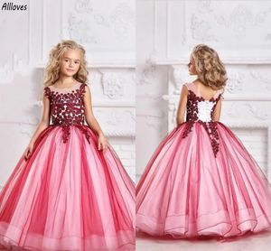 Erröten rosa Tüll Blumenmädchenkleider Ballkleid Kleinkind kleine Mädchen Festzug Partykleider Spitze O-Ausschnitt bodenlang Kinder Hochzeit Geburtstag Erstkommunion Kleid CL3176