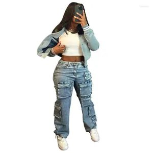Women's Pants 2024 Fashion High Waist Stitching Pocket Denim Trousers Spring Street Style Personalized Jeans
