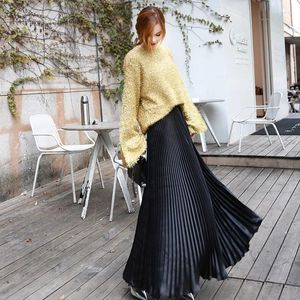 Skirts 2024 Vintage Silver Black Skirt Metal Solid Flared Maxi Beach Long Pleated High Waist Female Quality Women Saia