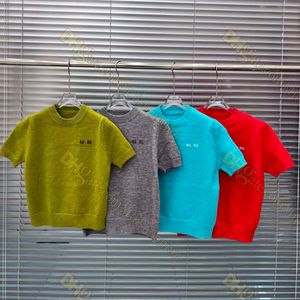 レディースブルーTシャツmiuレターロゴジャクカーラウンドネックショートスリーブプルオーバーニットトップ