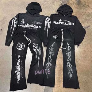 Rock Hip Hop Street Hellstar Set Washed Flame Letter Print Hooded Pullover Män Kvinnor överdimensionerade Hell Star Sweatshirts T230806 M A C IT9G