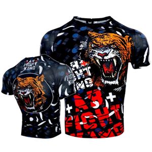 MMAクイックドライスポーツ柔術タイツフィースレジャーTシャツファイトムエタイセット戦闘短袖のタイガー