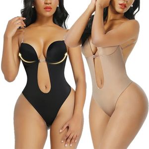 Hela kroppsformade kvinnor Deep V Sexig cabriolet Bh Thong Shear Wear Backless Invisible Push Up Bh Underwear Slimming Corset 240108