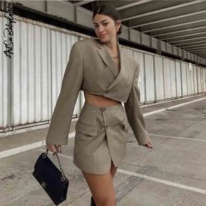 Kadın moda blazer takım elbise uzun sleev üst kısa etek 2 adet set kadın kıyafetleri yaz katı tek düğme 240108