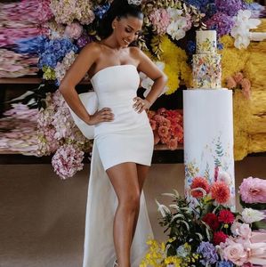 Simples curto vestido de casamento sem alças estiramento cetim grande arco volta mini vestidos de festa de noiva feminino vestidos de convidados de novias