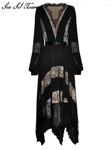 Sukienki zwykłe Seasixiang Designer Spring Long Dress Women V-Neck Lantern Sleeve Pas Koronki Patchwork Black Vintage Plated Desses