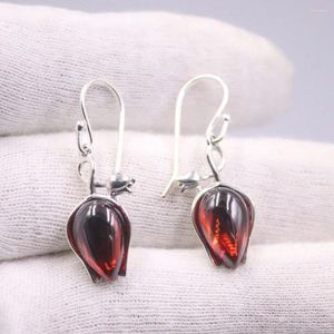 Dangle Earrings Pure Real 925 Sterling Silver Hook Red Garnet Tulips 1.4inchH