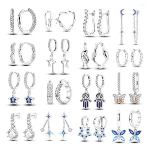 Hoop Earrings Real Sterling Silver 925 Heart Earring Star For Women Sun And Moon Original Jewelry Loved Gift