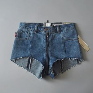 Skirts Female Ripped Fringe Blue Full Zipper at Crotch Denim Shorts Women Avantgarde Pocket Jeans Shorts Summer Hot Short