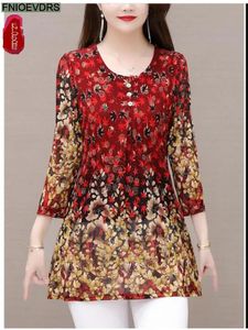 Uppsättningar 2022 Summer Short Sleeve Loose Lazy Clothes Red Floral Women Vintage Blues Long Shirt Female Peplum Tunic Retro Tops