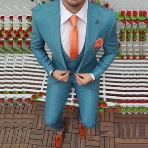 Men's Suits Blue Full Set Single Breasted Peaked Lapel Formal 3 Piece Jacket Pants Vest Luxury Prom Party Ropa Hombres Tailor