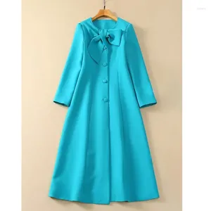Women's Trench Coats Blue/Yellow Europen Fashion Vintage Style Big Bow Tie Long Sleeve Single Breasted Button A Line Loose S-2XL