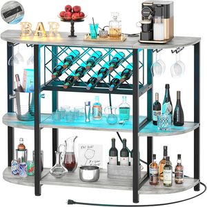 Unikito 4-Tier Metal Coffee Bar skåp med utlopp och LED-ljus, fristående golvbord för spritglashållare Vinställ förvaring, Bakers köksmatsal