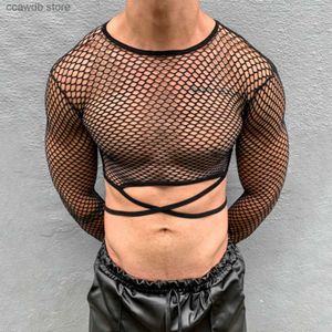 Erkek Tişörtler Erkeklerin örgü üstleri kişiselleştirilmiş seksi gündelik balıkçılık ağı içi boş Out Dantel Up Uzun Kollu T-Shirt Street Giyim Erkek Giyim T240108