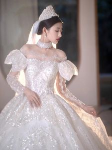 Sleeve Ball Wedding Dresses Gowns Sheer Jewel Neck Lace Appliqued Sequins Plus Size Robe De Mariee New Long Train Arabic Mulslim Bridal Gown 403