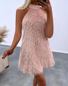 Casual Dresses Sexy For Women 2024 Spring Vintage ärmlös paljett Tassel från axelfluffig o-hals Bodycon klänning